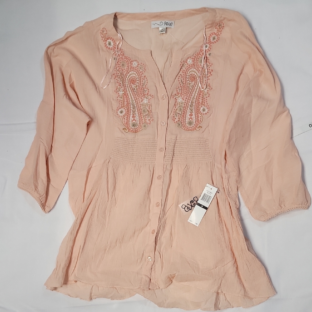 NWT RXB Light Peach Gauze Embroidered Blouse M
